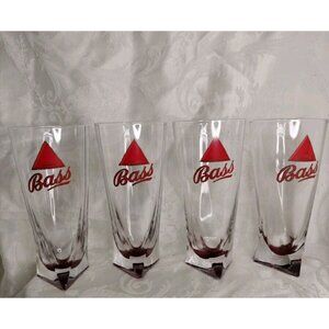 4 BASS English Ale Red Triangle Bottom PINT 16 OZ BEER GLASSES  SIDED BOTTOMS 7"
